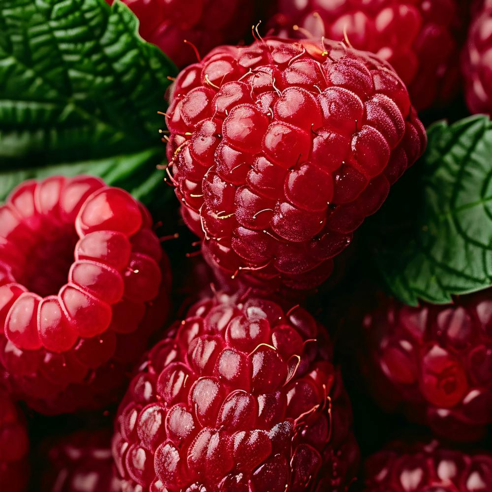 Raspberries With Green Leaves