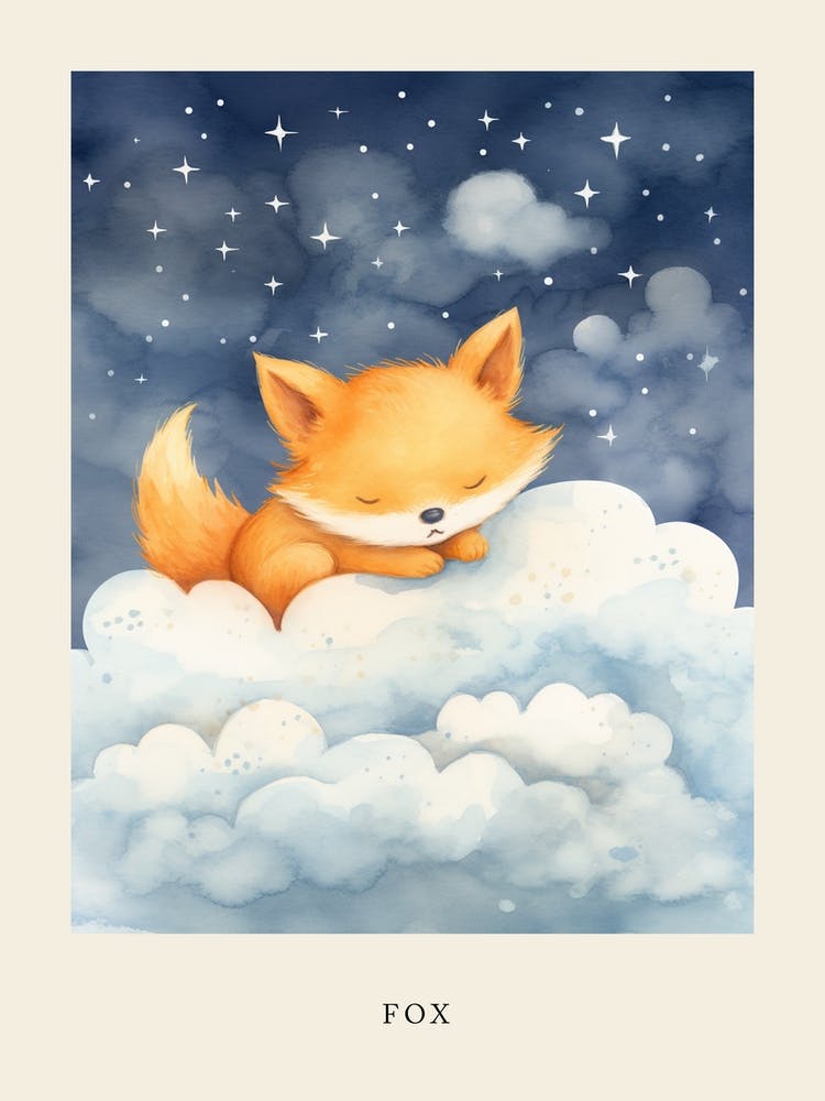 Baby Fox 2 Sleeping In The Clouds Nursery Poster