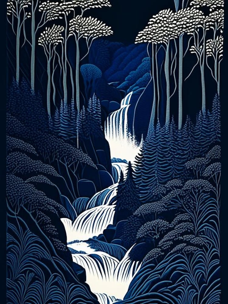 Waterfalls In Forest Water Landscapes Waterscape Linocut 1