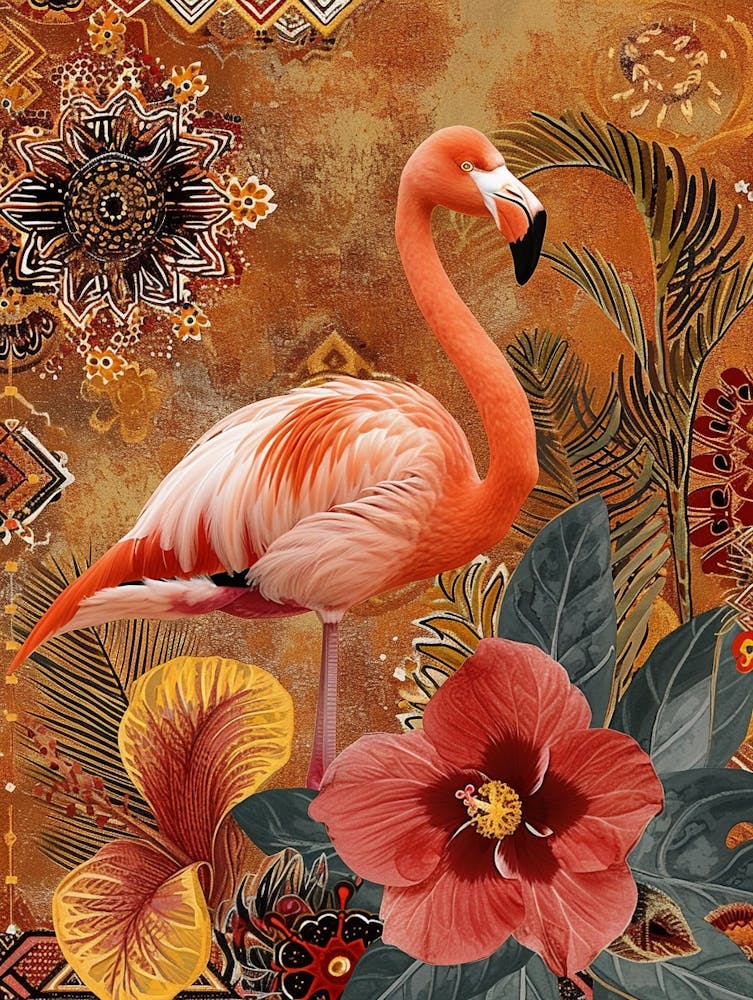 Greater Flamingo And Hibiscus Boho Print 2