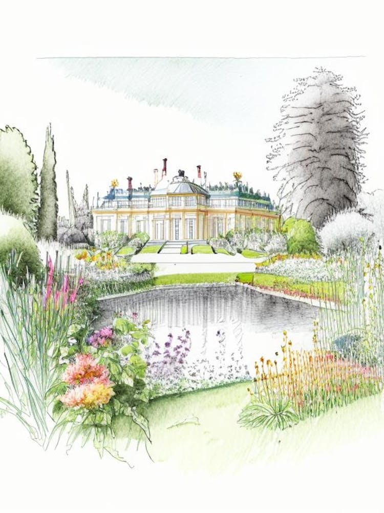 Nymphenburg Palace Gardens, Germany Vintage Pencil Drawing