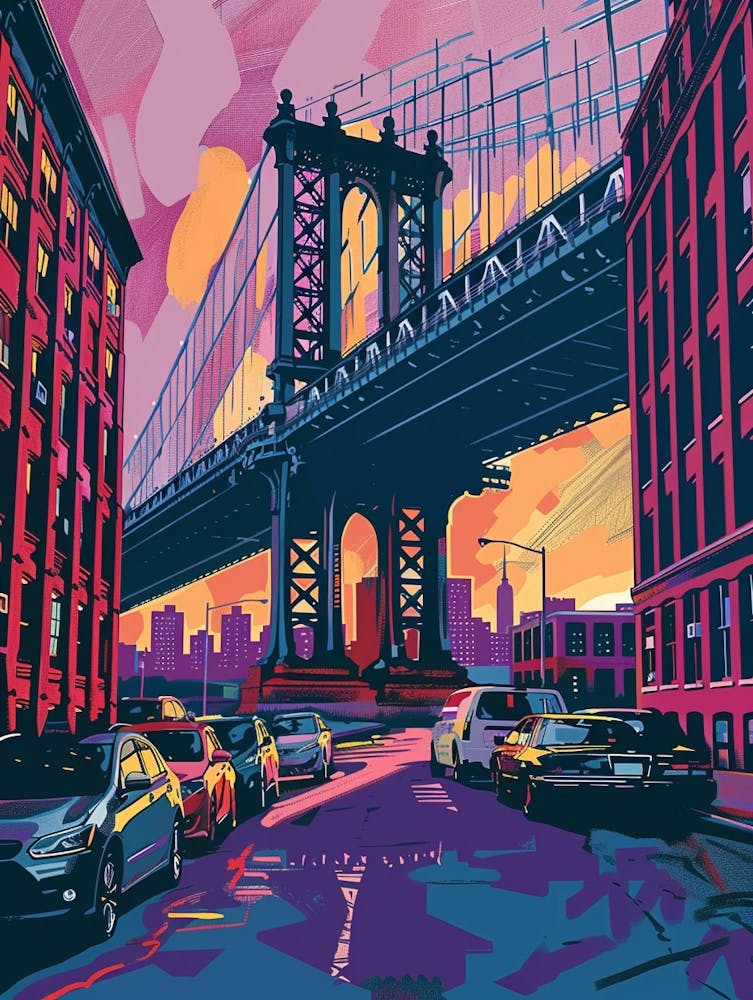 Dumbo Down Under The Manhattan Bridge Overpass Colourful Silkscreen Illustration 2
