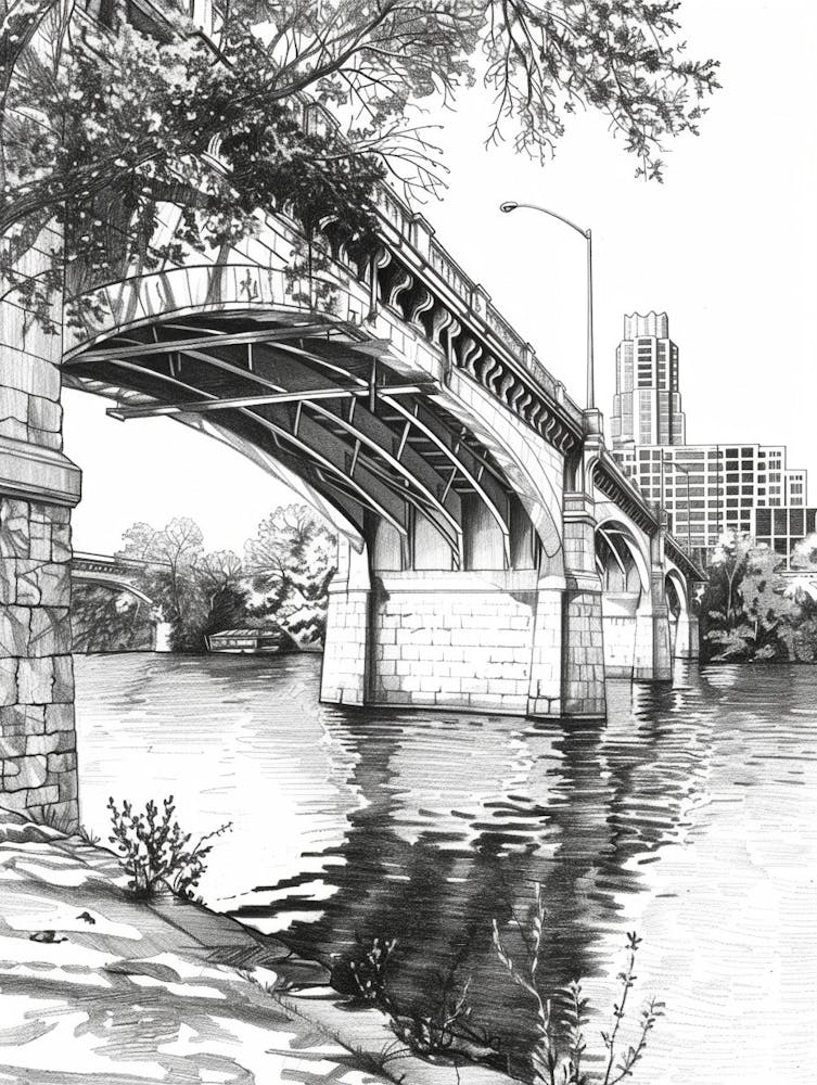 Congress Avenue Bridge Austin Texas - Schwarz-Weiß-Zeichnung 4