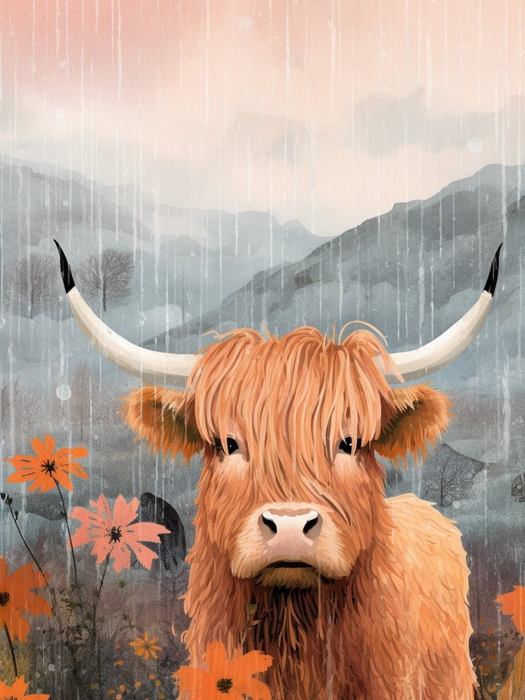Cute Floral Illustration Of Highland Cow In The Rain
