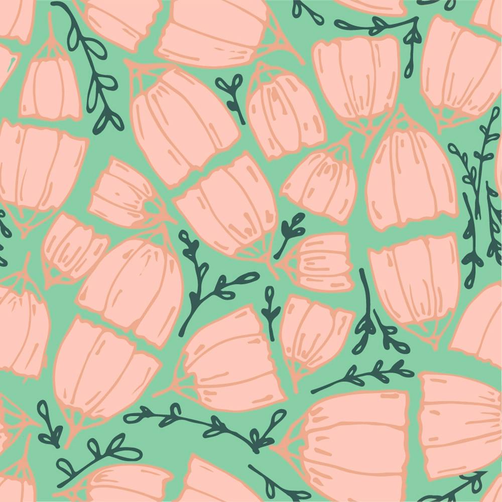 Pink Tulips on a green background with delicate sprigs of leaves