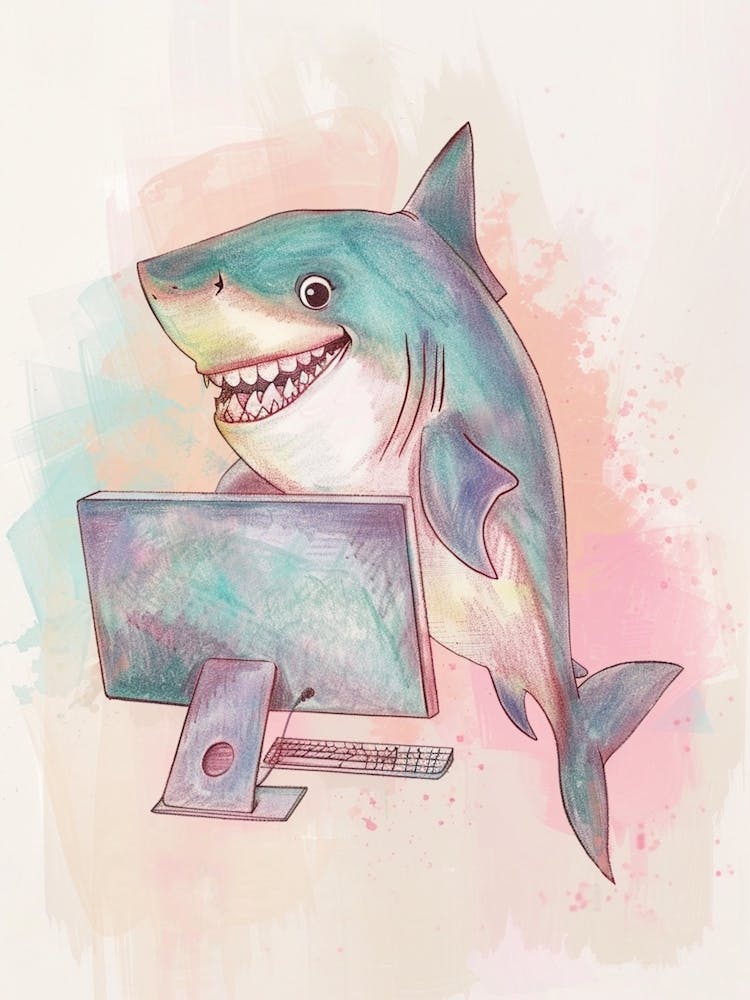 Shark On A Computer Pastel Illustration 1