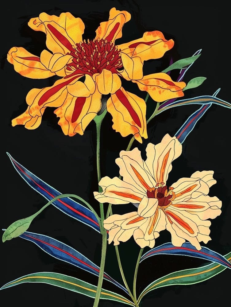 Neon Flowers On Black Marigold 1