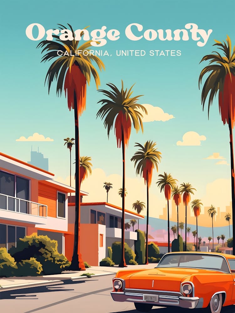 Orange County California United States Vintage Modern Travel Illustration