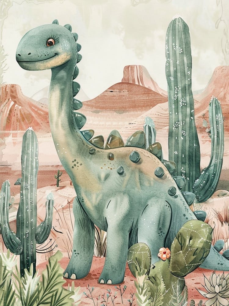 Dinosaurier in der Wüste mit Kaktus Märchenbuch Aquarell 3