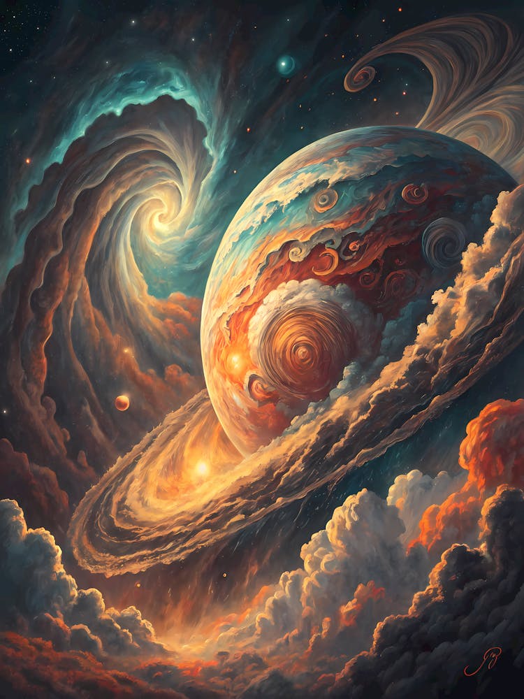 A Glowing Planet with Intricate Clouds Oil Painting Style