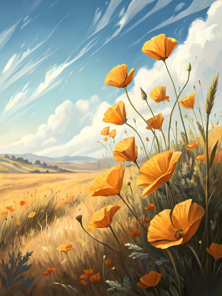 Oil Painting Style Golden Poppy Field Vibrant Summer Landscape Under Blue Sky