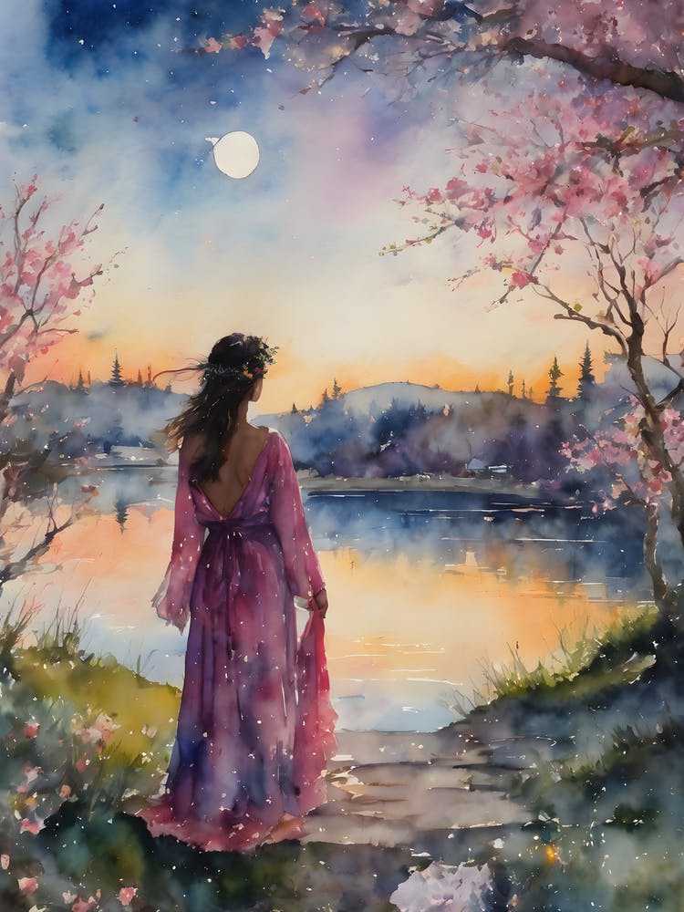 Rose Blossom Lady ~ Sacred Spirit Watercolor Full Moon Witchcraft Beautiful Pagan Woman Sakura Spring Painting