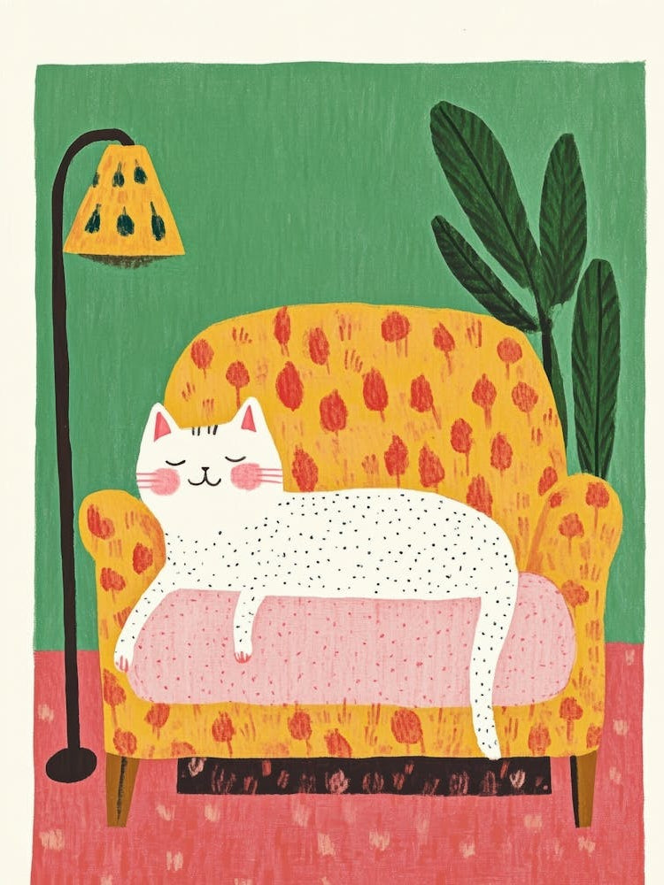 White Cat On The Sofa Colorful