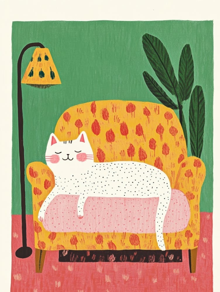 White Cat On The Sofa Colorful