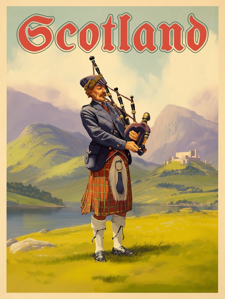 Scotland Vintage Travel Poster – Highland Bagpiper Art