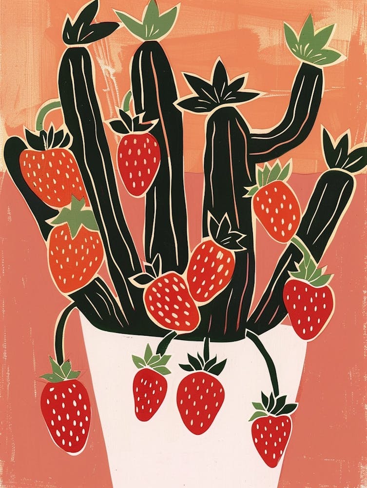 Strawberry Cactus Minimalist Block Print 3