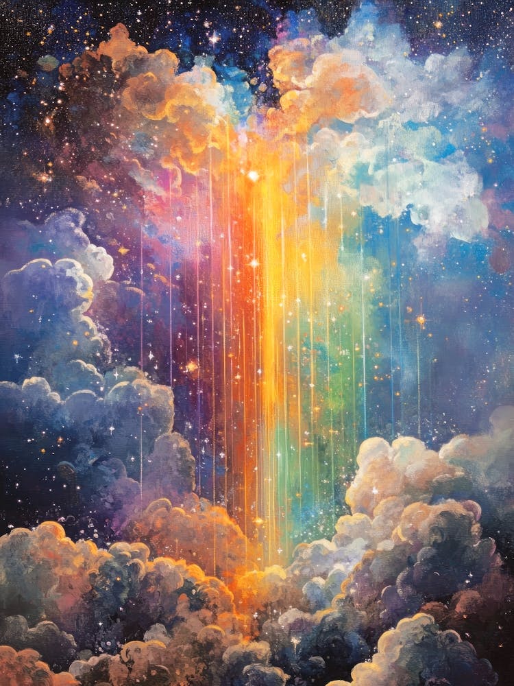 Glowing rainbow from clouds in warm amber and electric blue with a dramatic celestial vibe – fantasy painting great for meditation room or spiritual decor