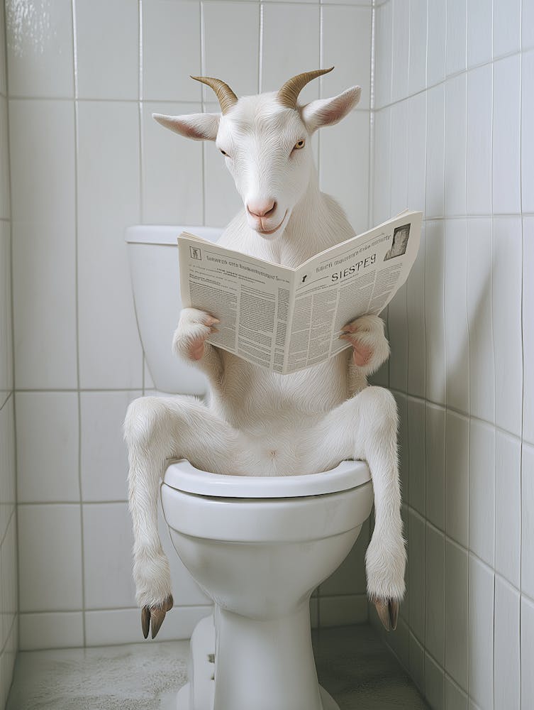 A Goat Sitting On An Open Toilet Reading A Newspaper In A Bathroom Setting With White Tiles