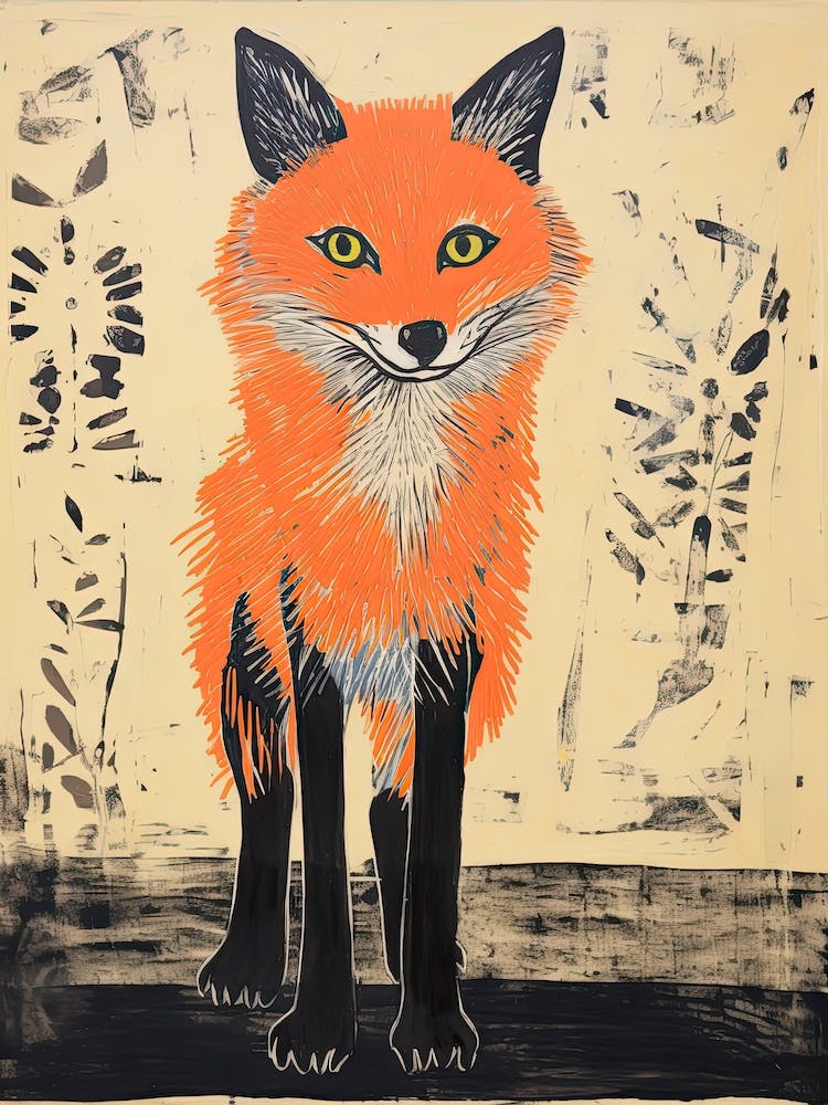 Fox, Woodblock Animal  Drawing 3