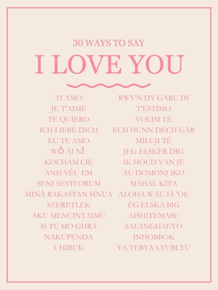 30 Ways To Say I Love You Pink Print