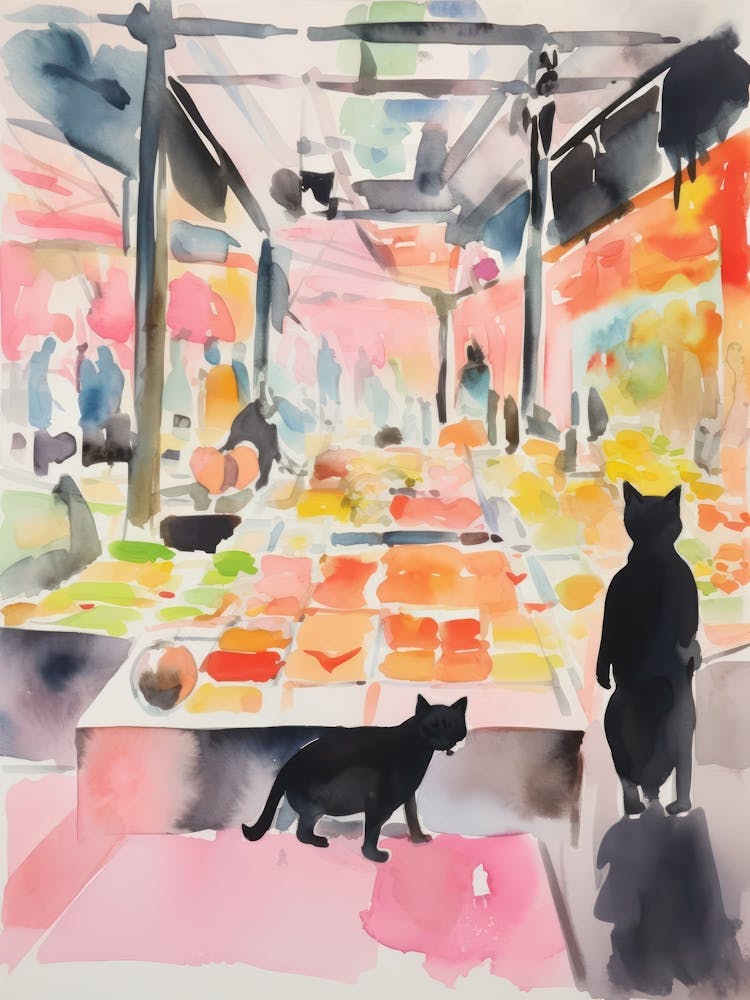 Food Market With Cats In Berlin 2 Watercolour