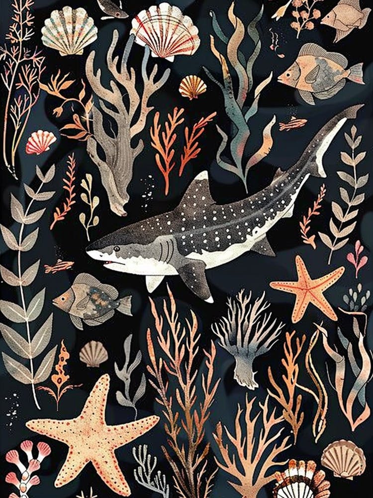 Goblin Shark Seascape Black Background Illustration 2