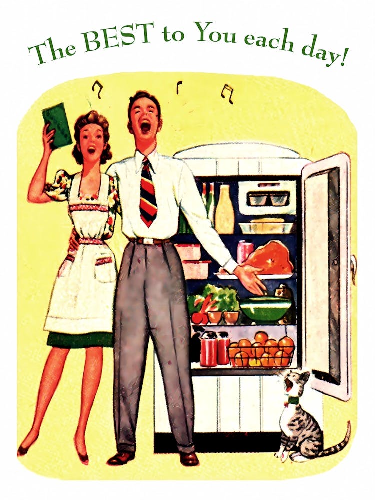 Singing Couple With Open Fridge, Funny Vintage Advertising Poster, Baby Boomers