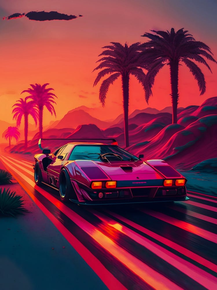 Retrowave car, synthwave landscape [synthwave/vaporwave/cyberpunk] — aesthetic poster, retrowave poster, vaporwave poster, neon poster, 80s