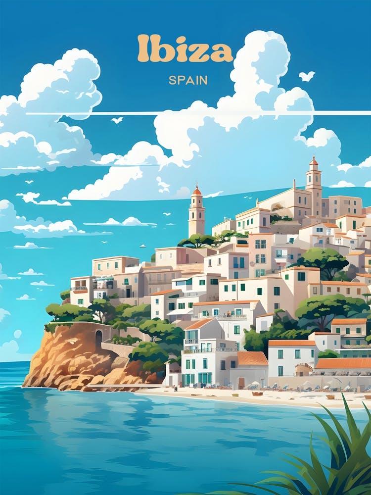 Ibiza Spain Island Summer Vacation Modern Travel Illustration