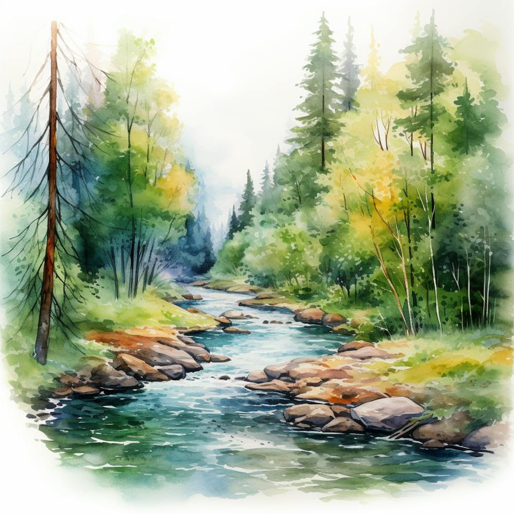 Watercolor Of A River In The Forest