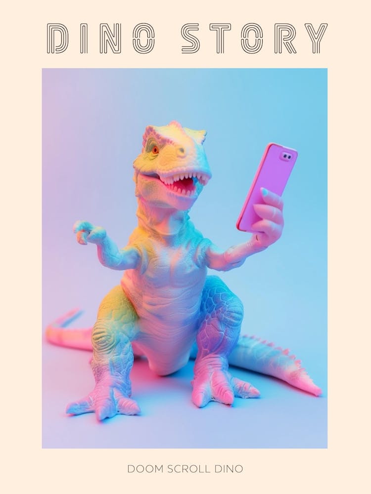 Pastel Toy Dinosaur On A Mobile Phone Poster