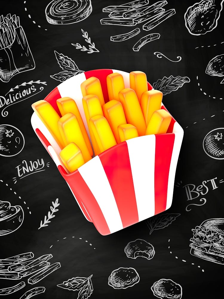 French fries, plastic 3D — Food kitchen poster/blackboard, photo art