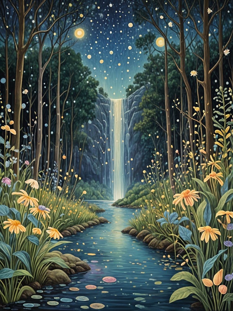 Night Waterfall In The Forest no2