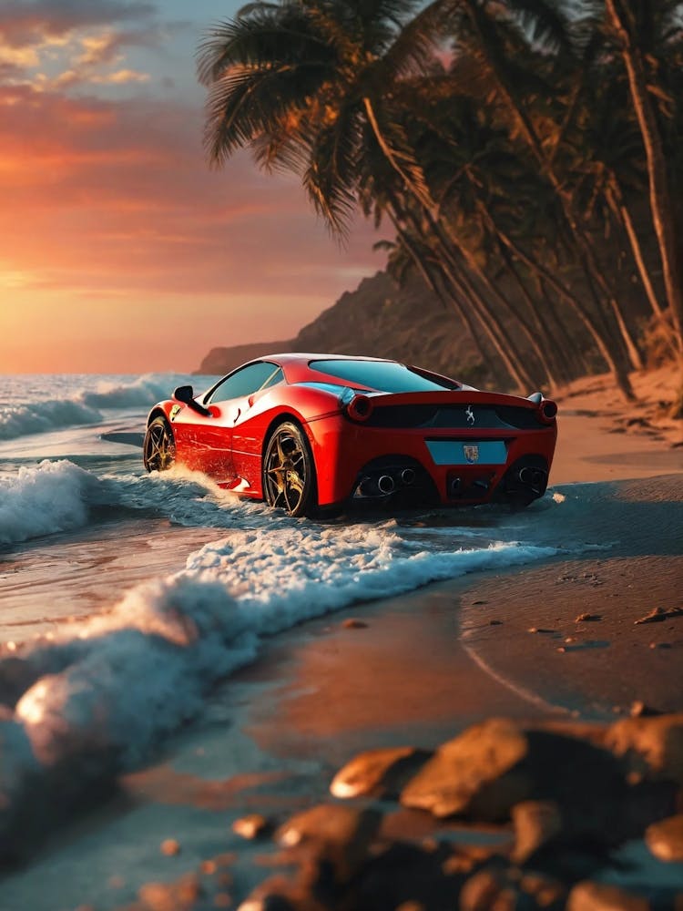 Red Ferrari On The Beach