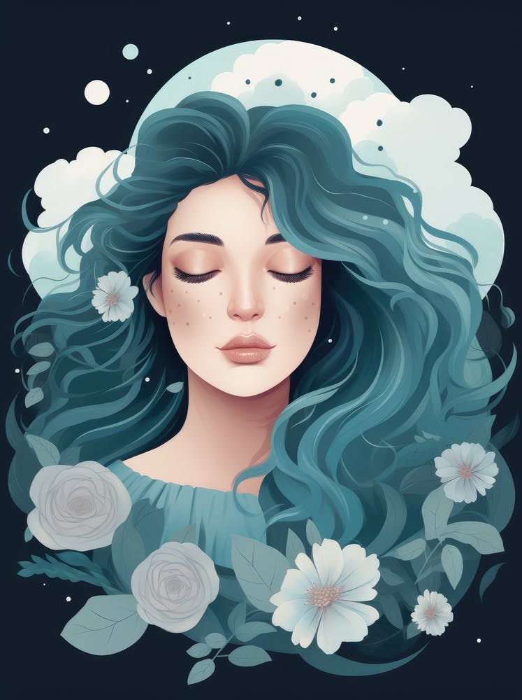 Blue Haired Girl With Flowers