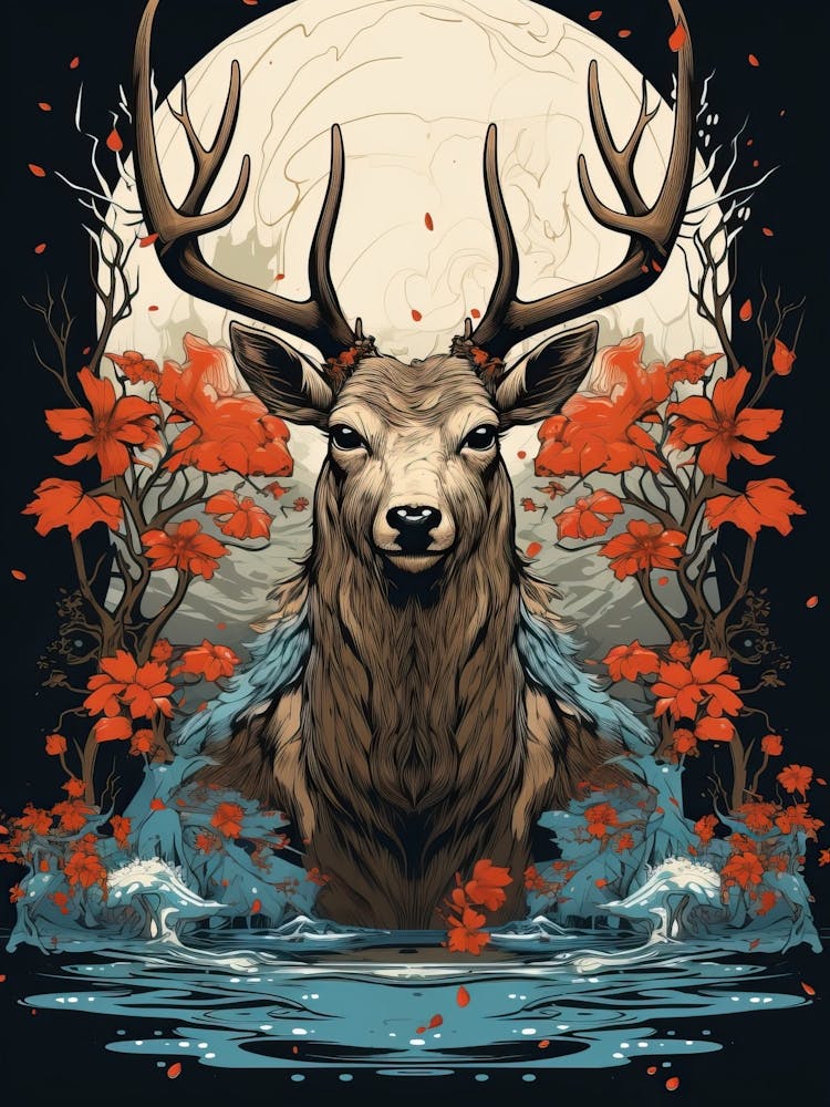 Deer Animal Drawing In The Style Of Ukiyo E 6