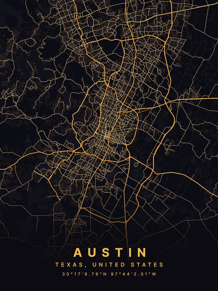 Austin Texas USA Black And Gold Map