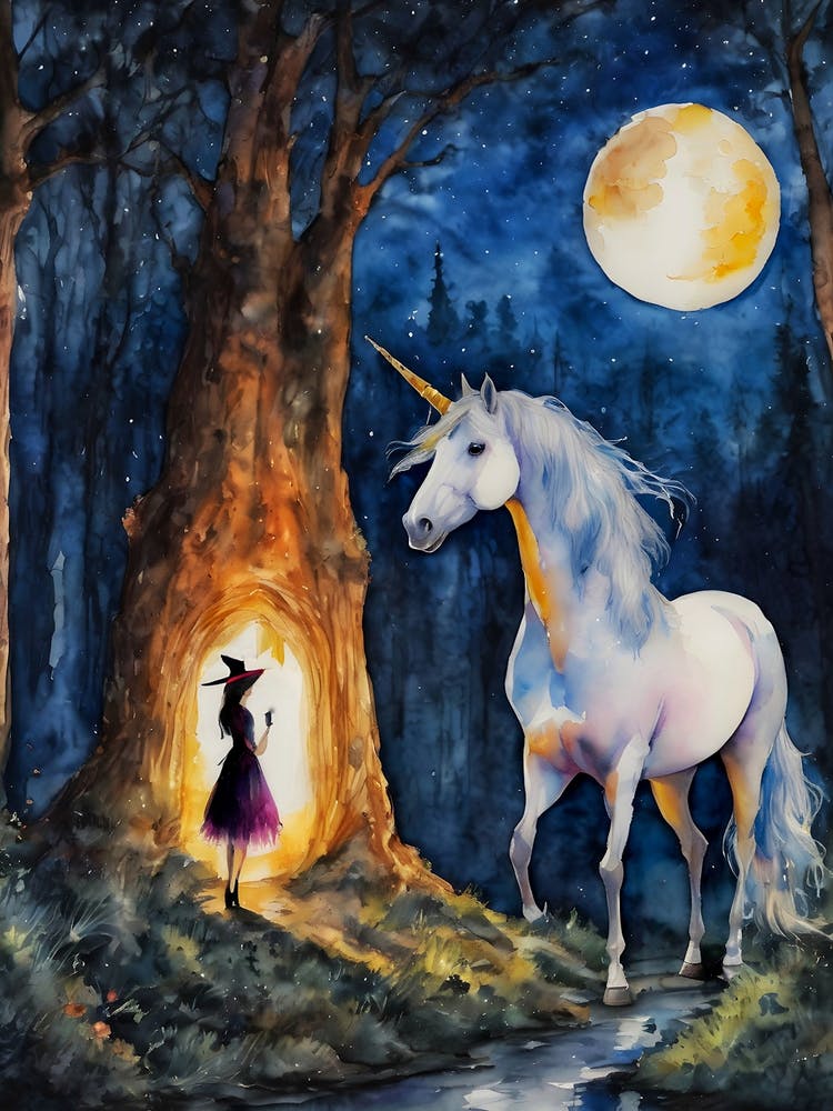 A Witch Meets a Unicorn ~ Witchy Magical Spooky Fairytale Watercolour