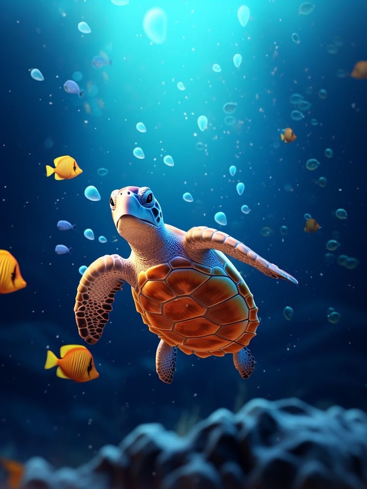 Realistic Sea Turtle And Fish Blue
