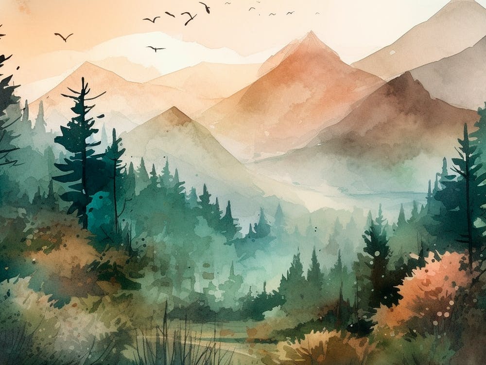 Serene Watercolor Forest Landsca