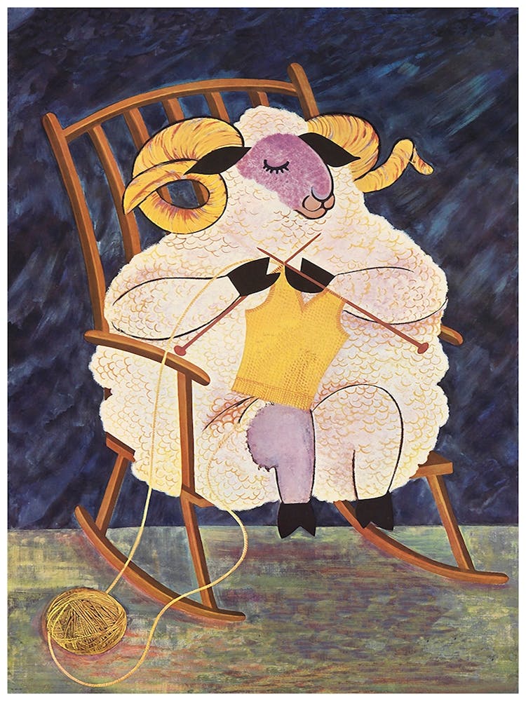 Sheep In A Rocking Chair Knitting Vintage Poster