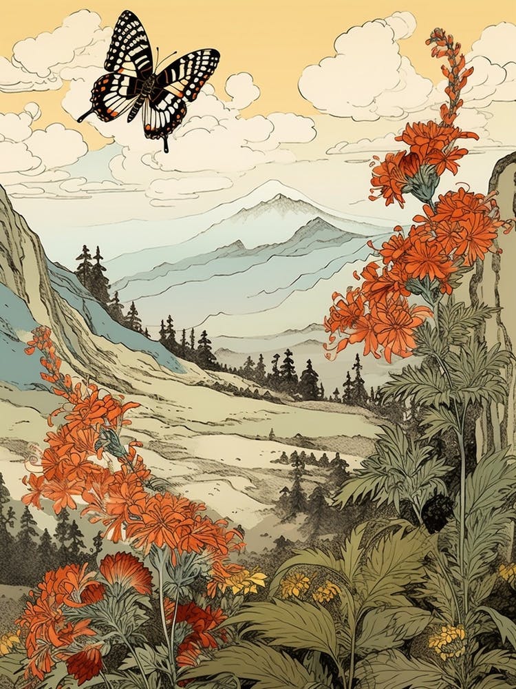 Japanese Style Painting Of A Butterfly With A Mountaneous Backdrop