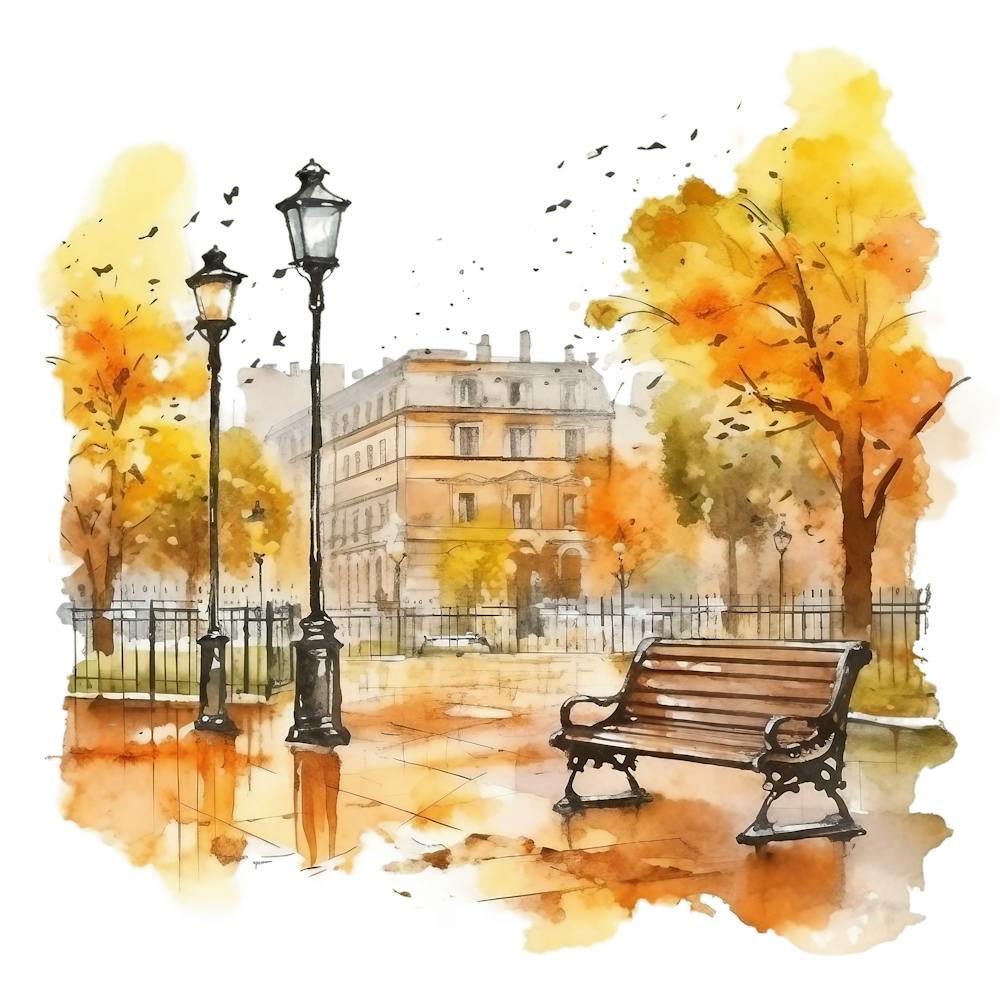 Watercolor Autumn Park Bench