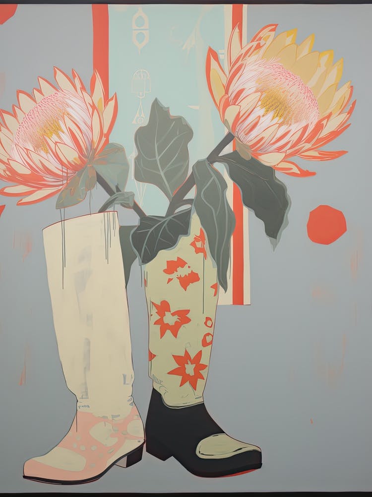 Painting Of Protea Flowers And Cowboy Boots, Oil Style