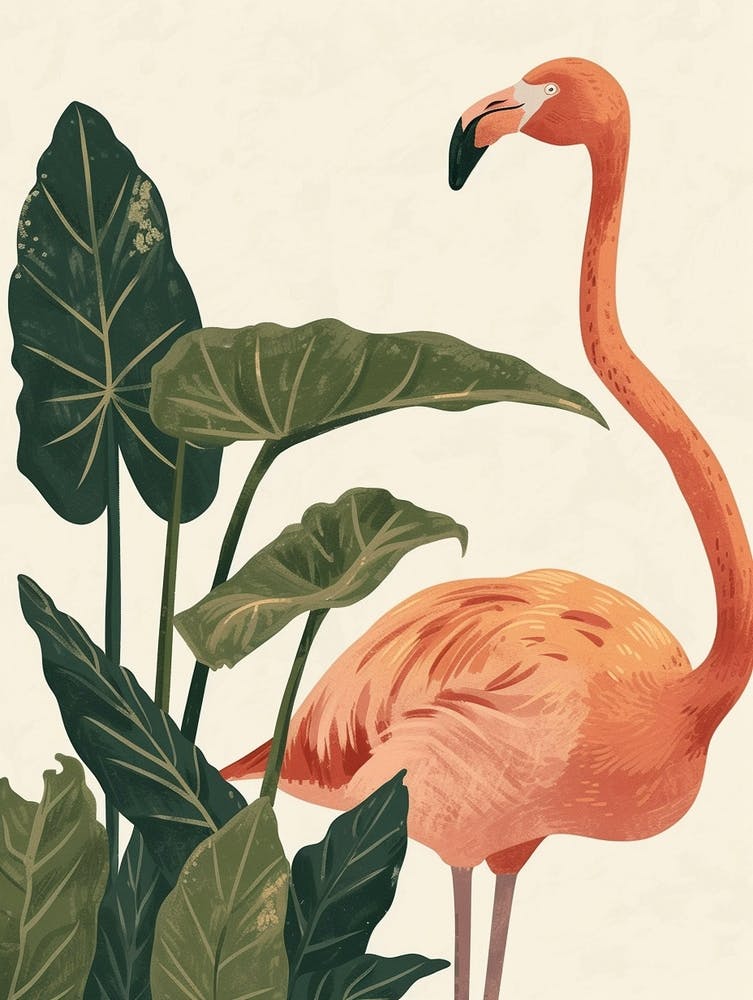 Andean Flamingo And Alocasia Elephant Ear Minimalist Illustration 1