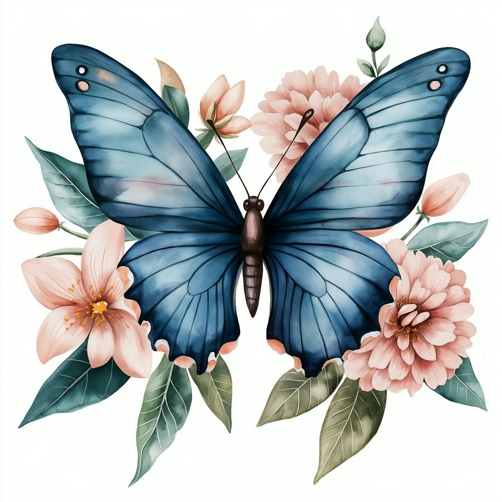 A Beautiful, Elegant Watercolor Painting Of A Blue Butterfly With Pink Orchids, Lily, Dahlia, Peony, Pink Roses, And Greenery Leaves Filling The Pattern Inside The Wings