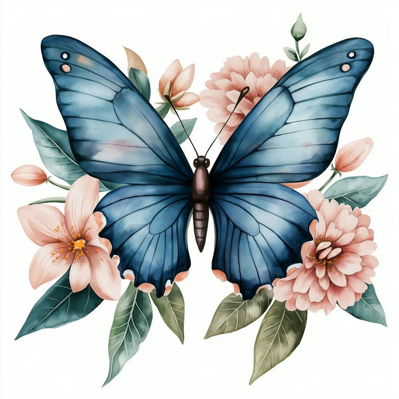 A Beautiful, Elegant Watercolor Painting Of A Blue Butterfly With Pink Orchids, Lily, Dahlia, Peony, Pink Roses, And Greenery Leaves Filling The Pattern Inside The Wings