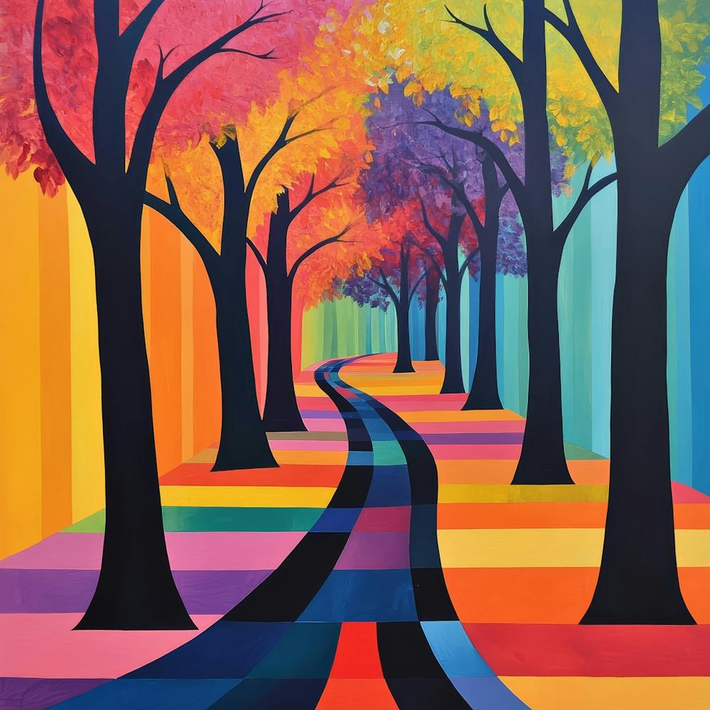 trees with black trunks and leaves in various colors