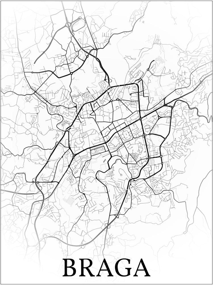 Braga, Portugal, City Map, Black And White Fade Design
