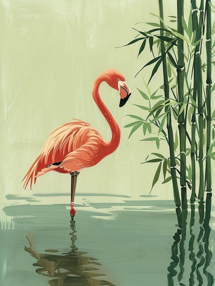 American Flamingo And Bamboo Minimalist Illustration 1